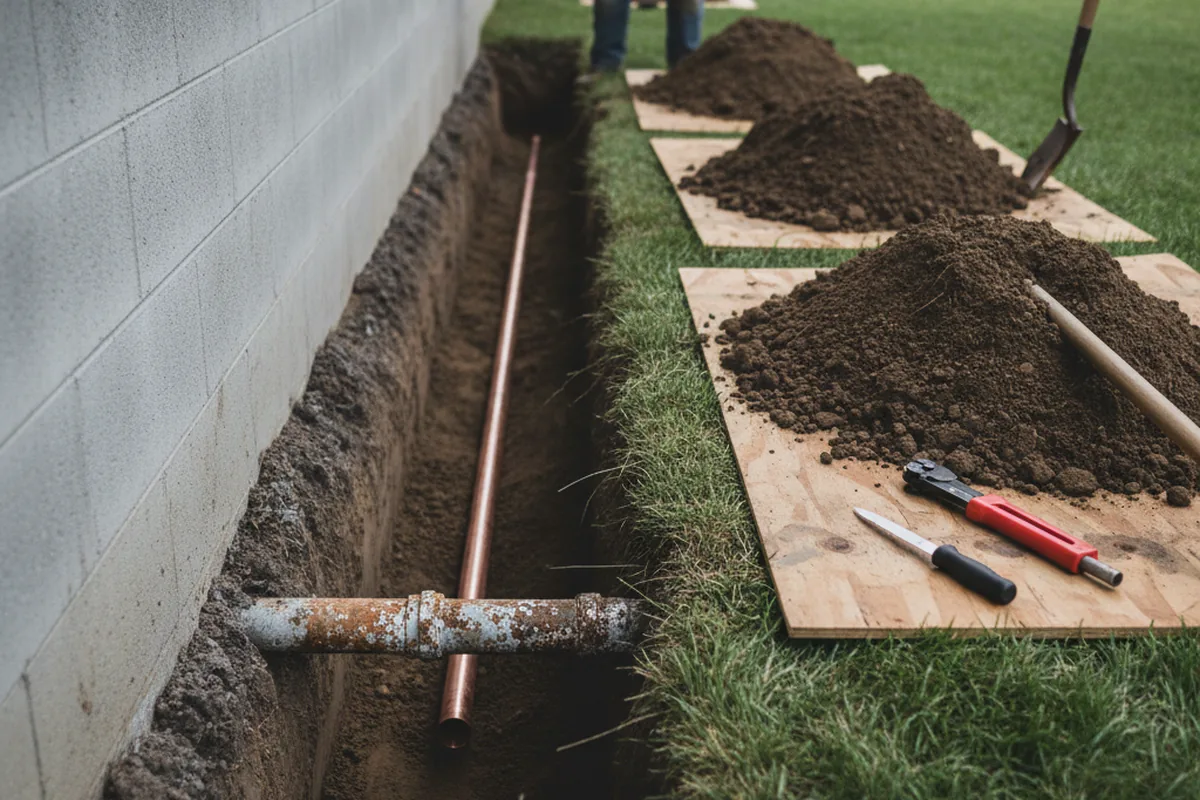 Excavated water line trench during Water Heater Repair in Lawndale